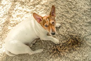 Hund neben Urinpfütze auf Teppich