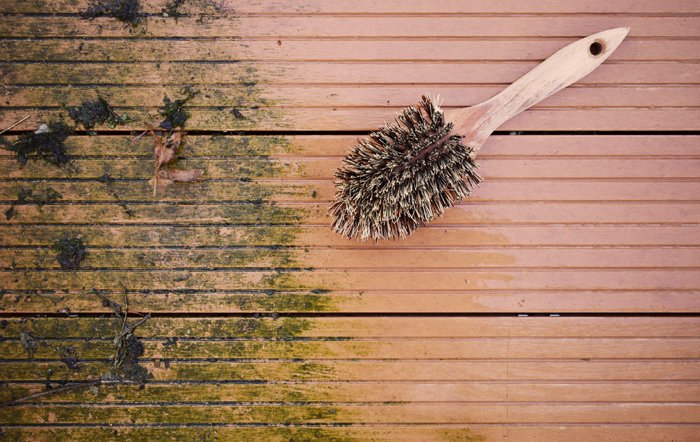 Holzterrasse mit Grünbelag, halb abgeschrubbt